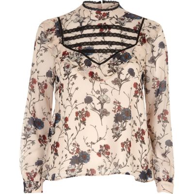 Petite cream floral print bib front blouse